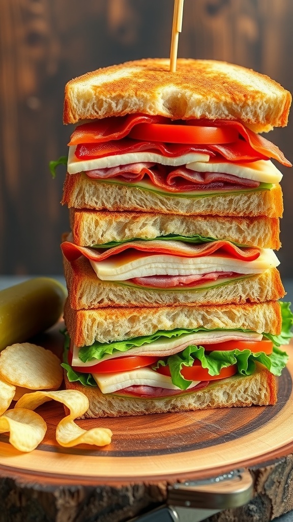 A stacked club sandwich with bacon, turkey, lettuce, and tomato on a wooden board with chips.